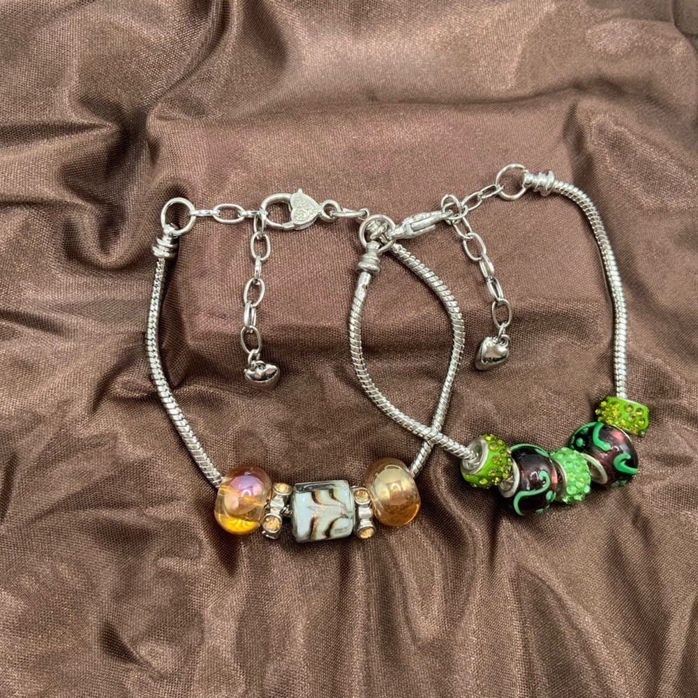 Set of 2 Handmade Silver Earth Tones Beads Bracelets